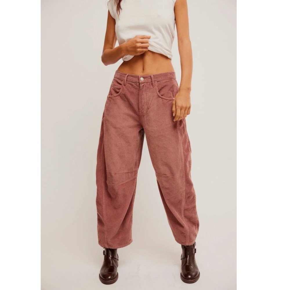Free People We the Free Good Luck‎ Mid Rise Barrel Pants Jeans Cord Rose  26 NEW